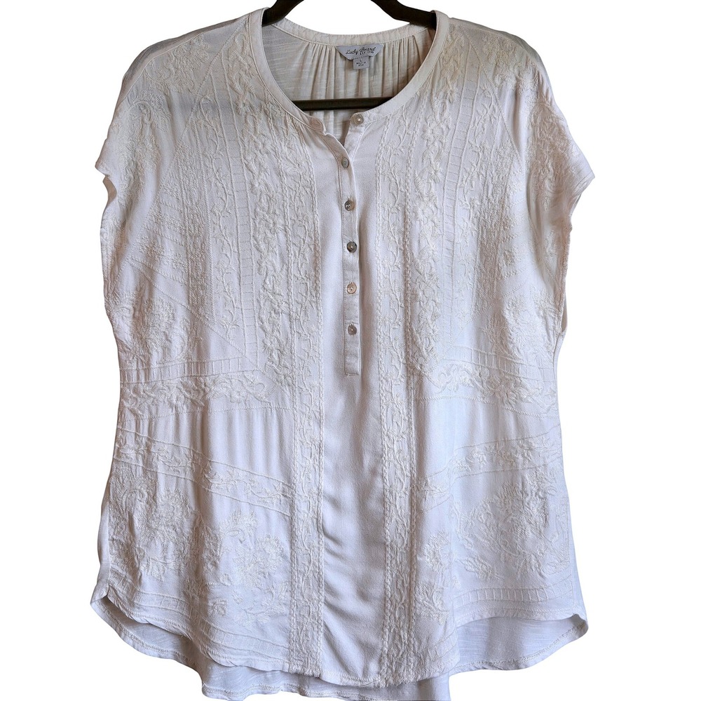Lucky Brand White Embroidered Henley Blouse Short Sleeve Boho Top Women's Large - Picture 1 of 7
